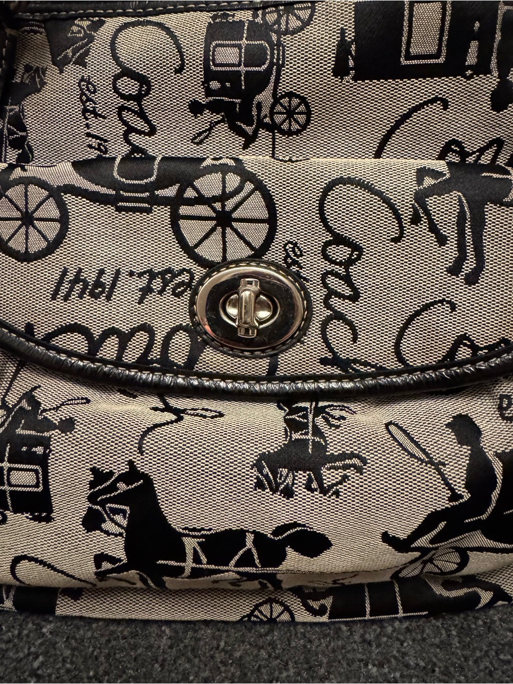 Vintage Coach Horse & Carriage Tote Bag, Black & Grey Jacquard Canvas Shoulder B - Picture 4 of 16